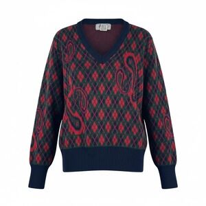 Vintage Hemingway Point Unisex Argyle Paisley Knit Sweater‎ Navy Red Green Small